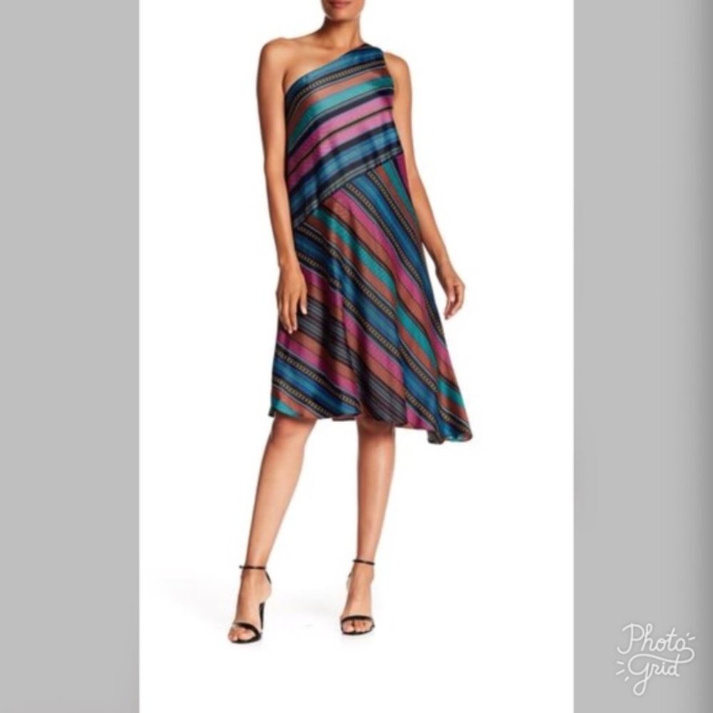 New Maggy London One Shoulder Striped Dress SZ 8